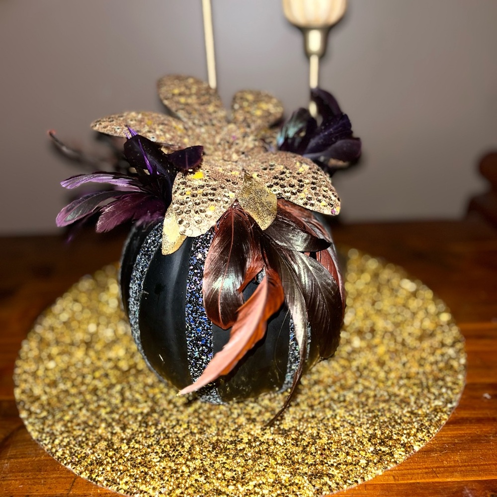 Elegant Black and Gold Decorative Pumpkin w/ a Rachel Zoe gold ornament